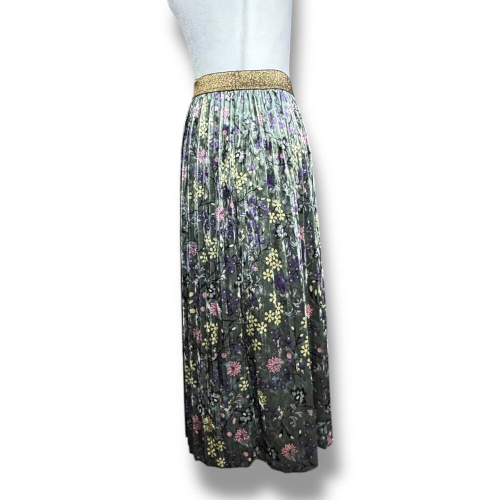 ModCloth Green Floral Pleated Velvet Midi Skirt Gold Glitter Waist Romantic - Picture 6 of 11